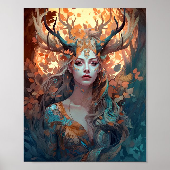 Kvinna med Antlers Fantasy Art Poster (Framsidan)