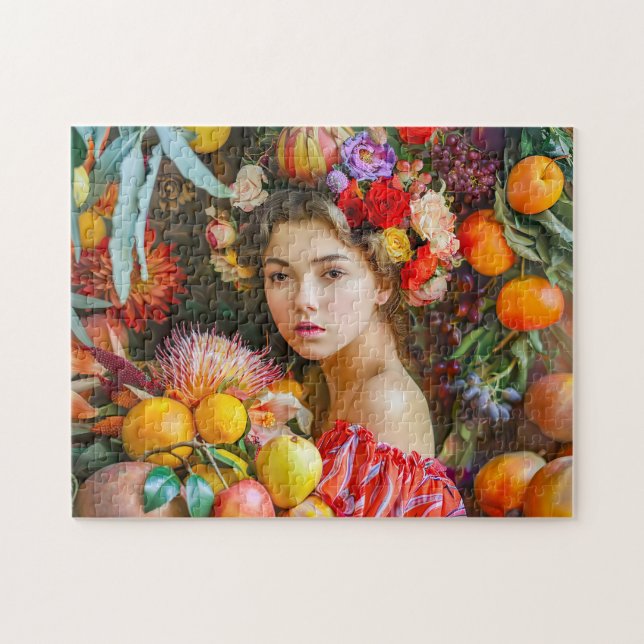 Kvinna med blandad frukt och blomsterdekoration pussel (Horisontell)