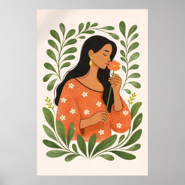Kvinna med blomma affisch, botanisk feminin vägg poster (Framsidan)