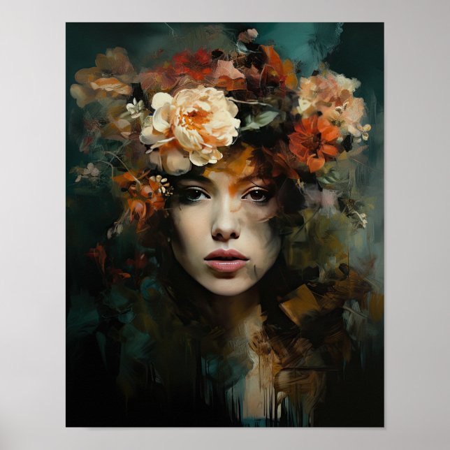 Kvinna med blomma huvud konsttryck poster (Framsidan)