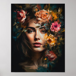 Kvinna med blomma huvud konsttryck poster