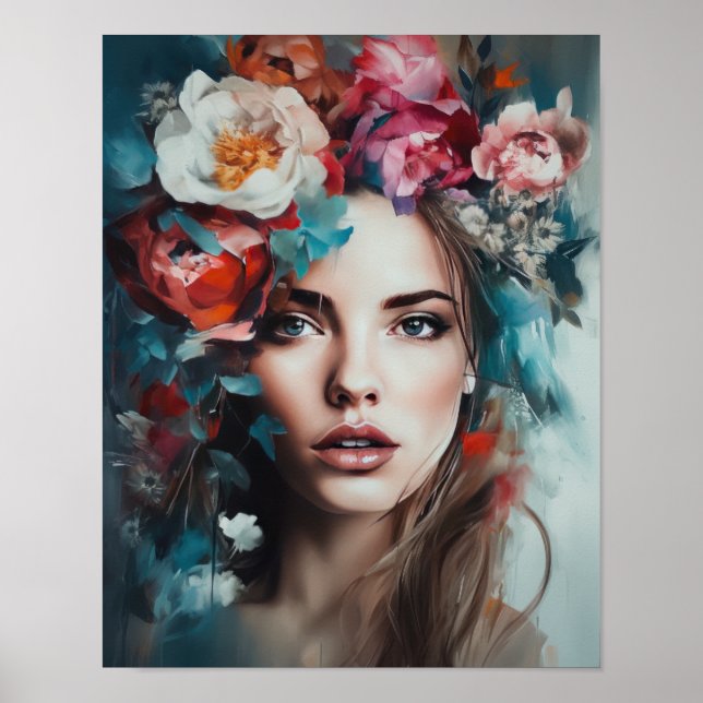 Kvinna med blomma huvud konsttryck poster (Framsidan)