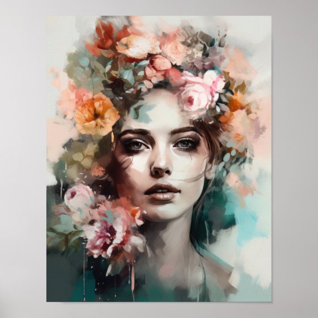 Kvinna med blomma huvud konsttryck poster (Framsidan)