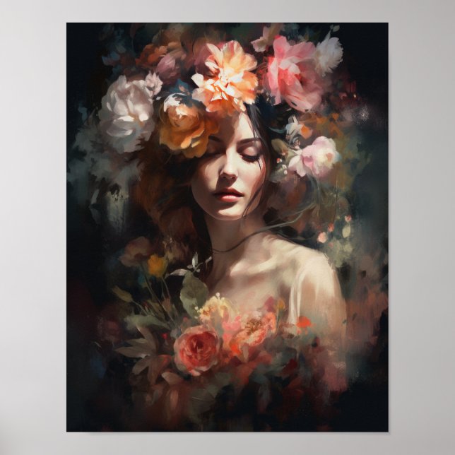 Kvinna med blomma huvud konsttryck poster (Framsidan)