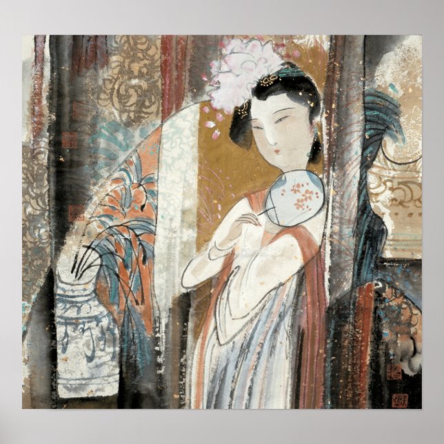 Kvinna med Blommigt Hairpin Poster (Framsidan)