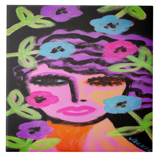 Kvinna med blommor Abstrakt Porträtt Kakelplatta (Framsidan)