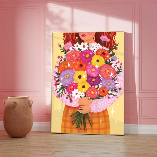 Kvinna med blommor Färgrik illustration Damkonst Poster (Skapare uppladdad)