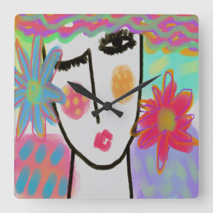 Kvinna med Blommor Funky Abstrakt Art Large Clock Fyrkantig Klocka
