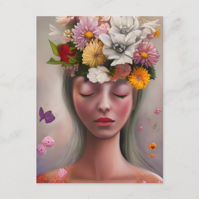 Kvinna med blommor på huvudet vykort (Framsida)