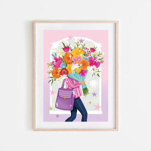Kvinna med blomsterbukett Färgrik illustration Poster