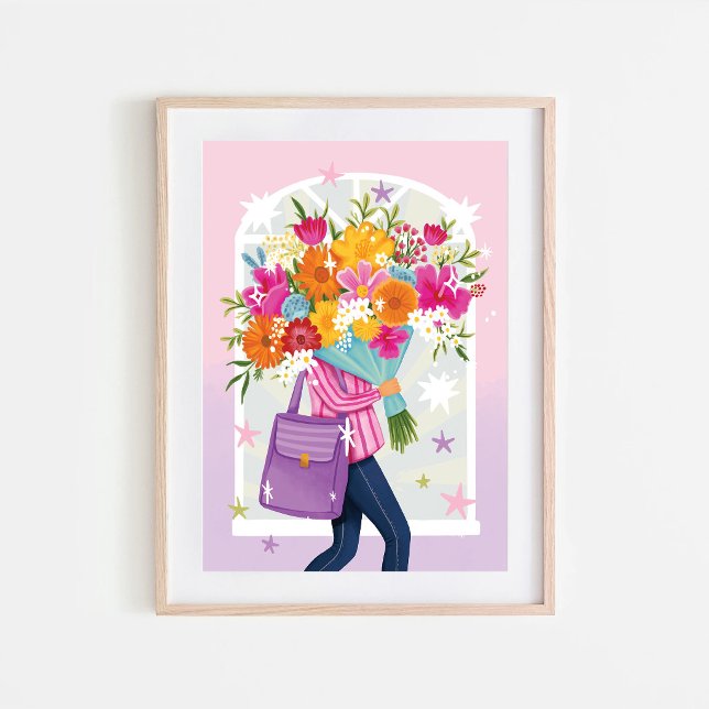 Kvinna med blomsterbukett Färgrik illustration  Poster (Skapare uppladdad)