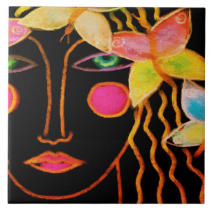 Kvinna med Butterflies Abstrakt Art Kakelplatta