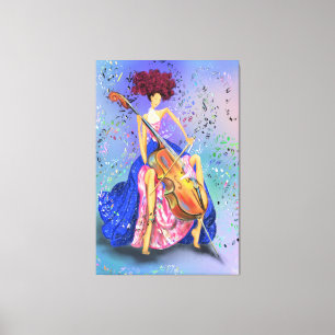 Kvinna med Cello-Kanvastryck - Målning Canvastryck