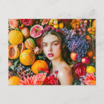 Kvinna med citrusfrukter och blomsterkrans