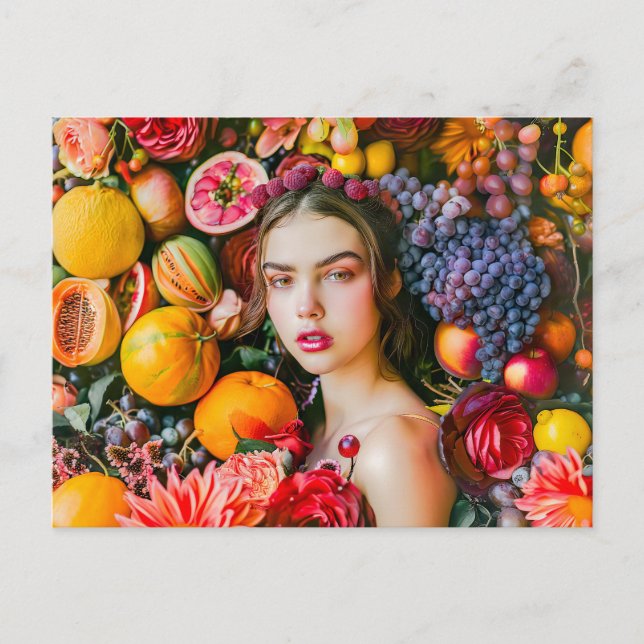 Kvinna med citrusfrukter och blomsterkrans vykort (Framsida)