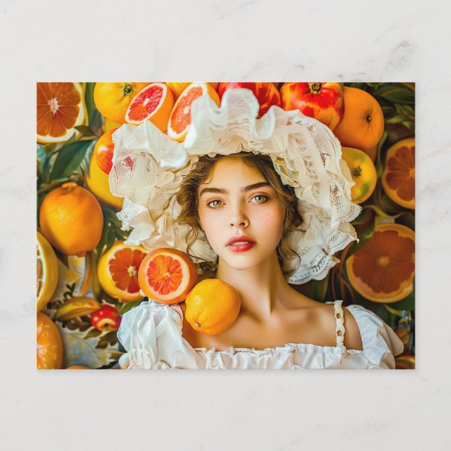 Kvinna med citrusfrukter och blomsterkrans vykort (Framsida)