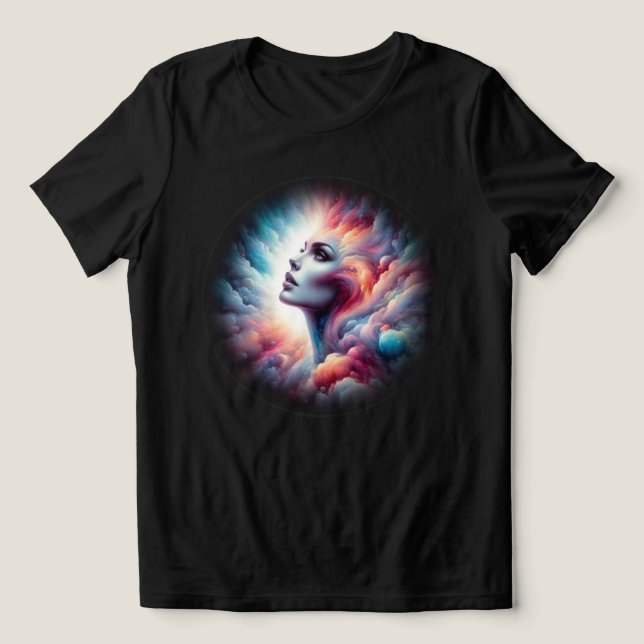 Kvinna med Cosmic Aura Hair T Shirt (Design Framsida)