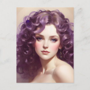 Kvinna med Curly Lila Hair Postcard Vykort