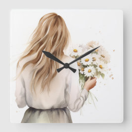 Kvinna med Daisy Bouquet Fyrkantig Klocka