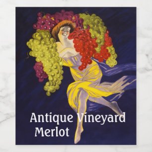 KVINNA MED DRUVOR, VINKLÄSTER Art Nouveau Vinflaska Etikett