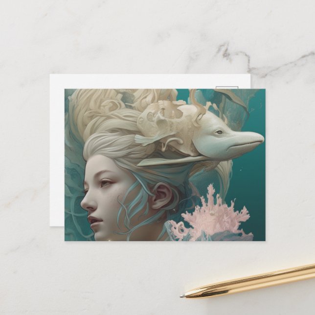 Kvinna med en ål på hennes huvud vykort (Fram/Back In Situ)