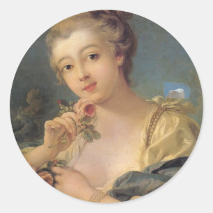 Kvinna med en bukett av ro av Francois Boucher Runt Klistermärke