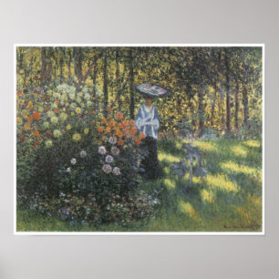 Kvinna med en ett slags solskydd i trädgården p poster