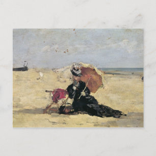 Kvinna med en ett slags solskydd på stranden, 1880 vykort