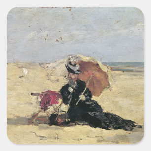 Kvinna med en ett slags solskydd på stranden, 188 fyrkantigt klistermärke