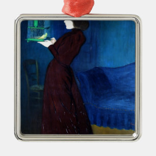 Kvinna med en fågelbur julgransprydnad metall