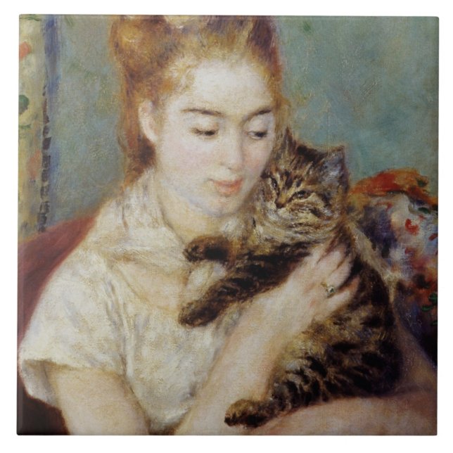 Kvinna med en katt vid Pierre-Auguste Renoir Kakelplatta (Framsidan)