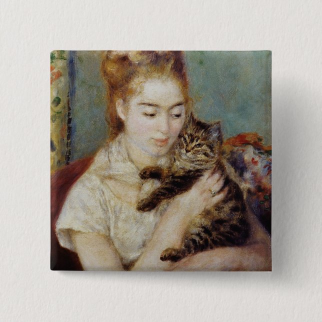 Kvinna med en katt vid Pierre-Auguste Renoir Knapp (Framsida)
