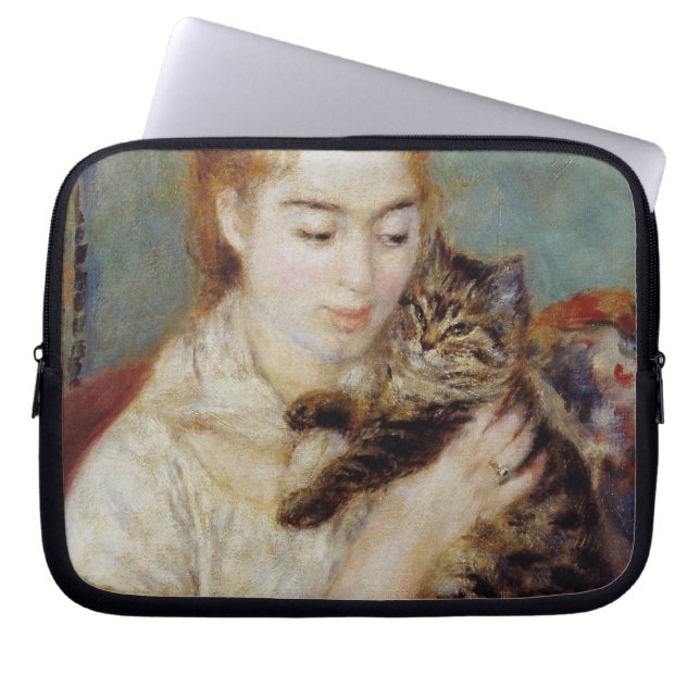 Kvinna med en katt vid Pierre-Auguste Renoir Laptop Sleeve (Framsidan)