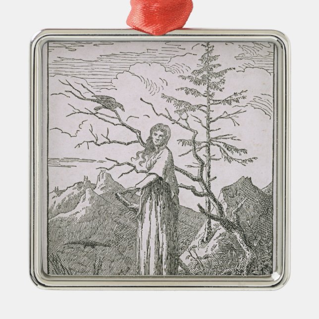 Kvinna med ett korpsvart, på kanten av ett julgransprydnad metall (Framsidan)