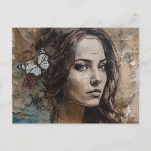 Kvinna Med Fjärilar Mixed Media Vykort