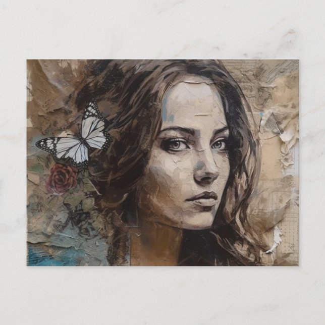 Kvinna Med Fjärilar Mixed Media Vykort (Framsida)