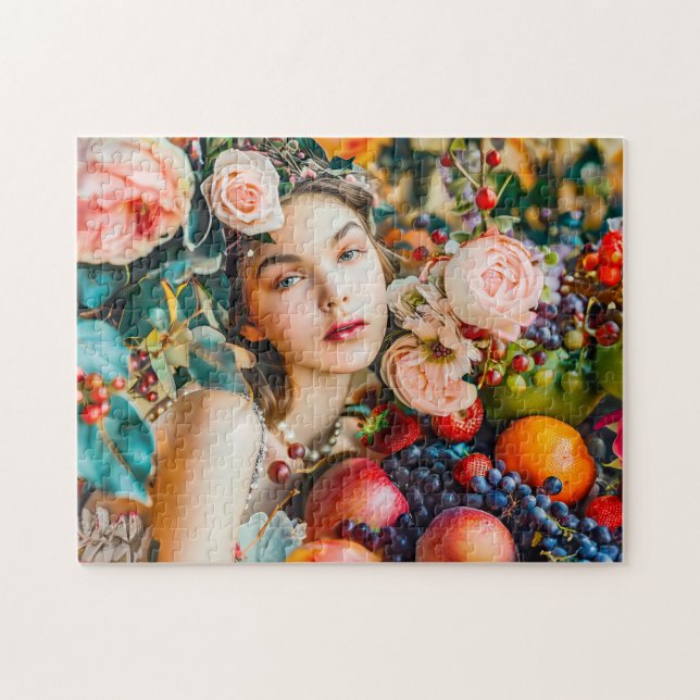 Kvinna med frukt och blomsterrosdekoration pussel (Horisontell)