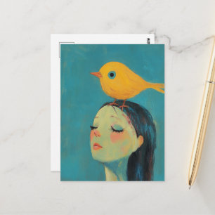 Kvinna med gul fågel på huvudet vykort