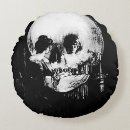 Kvinna med Halloween skalle reflektion i spegel Rund Kudde