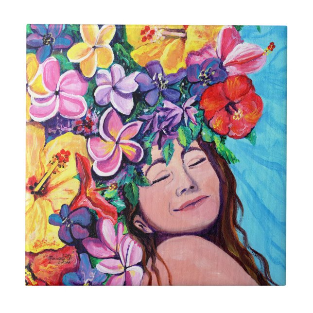Kvinna med hawaiiska blommor, keramiskt plattor kakelplatta (Framsidan)