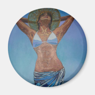 Kvinna med höft och sarong med glädjande sommartid magnet