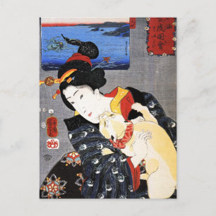 Kvinna med Kat av Utagawa Kuniyoshi 歌 川 国 芳 Vykort