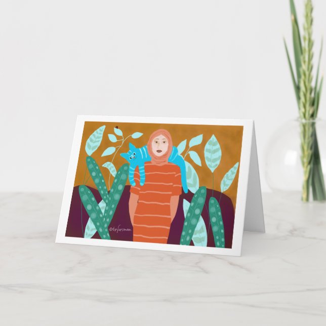 Kvinna med katten i garden.2 kort (Framsida)