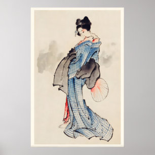 Kvinna med kimono i rutigt mönster Japansk finkons Poster