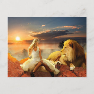 KVINNA MED LEJONA FANTASY-vykort Vykort