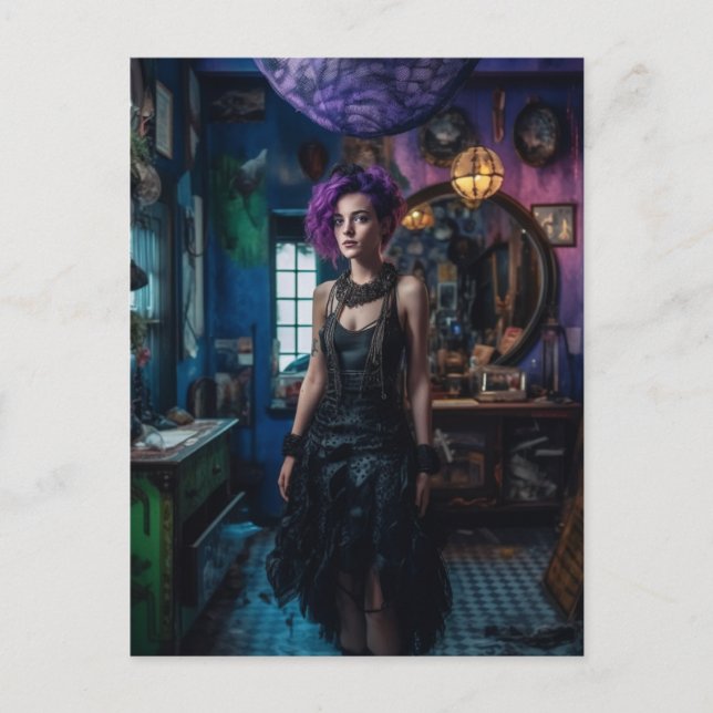 Kvinna med Lila Hair i kostymbutiken Vykort (Framsida)