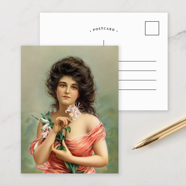 Kvinna med lilja | Louis Prang & Co. Vykort (Skapare uppladdad)