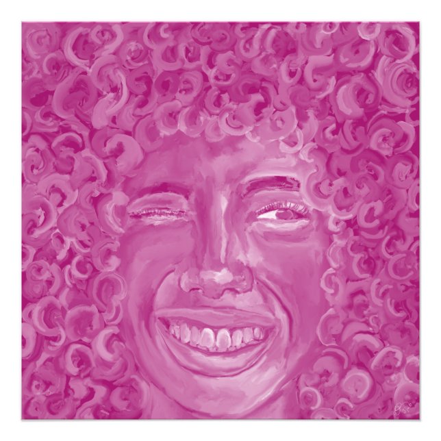 Kvinna med lockigt hår i rosa fototryck (Framsidan)