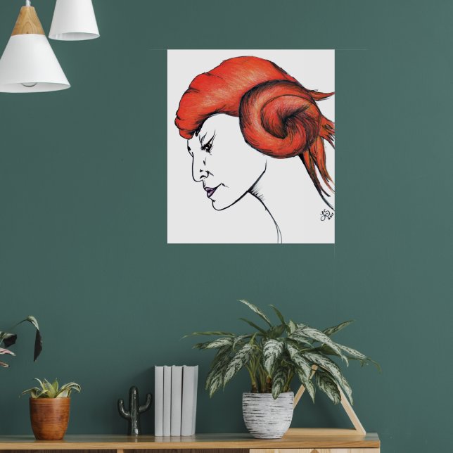 Kvinna med mandarinorange hår porträtt Pop Art Poster (Vardagsrum 1)
