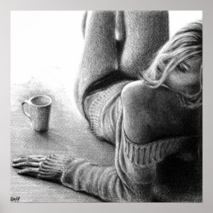Kvinna med morgonkaffe Pencil teckning art Poster
